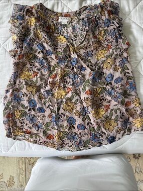Velvet by Graham & Spencer Taupe Floral Ruffle V-Neck  sheer Blouse